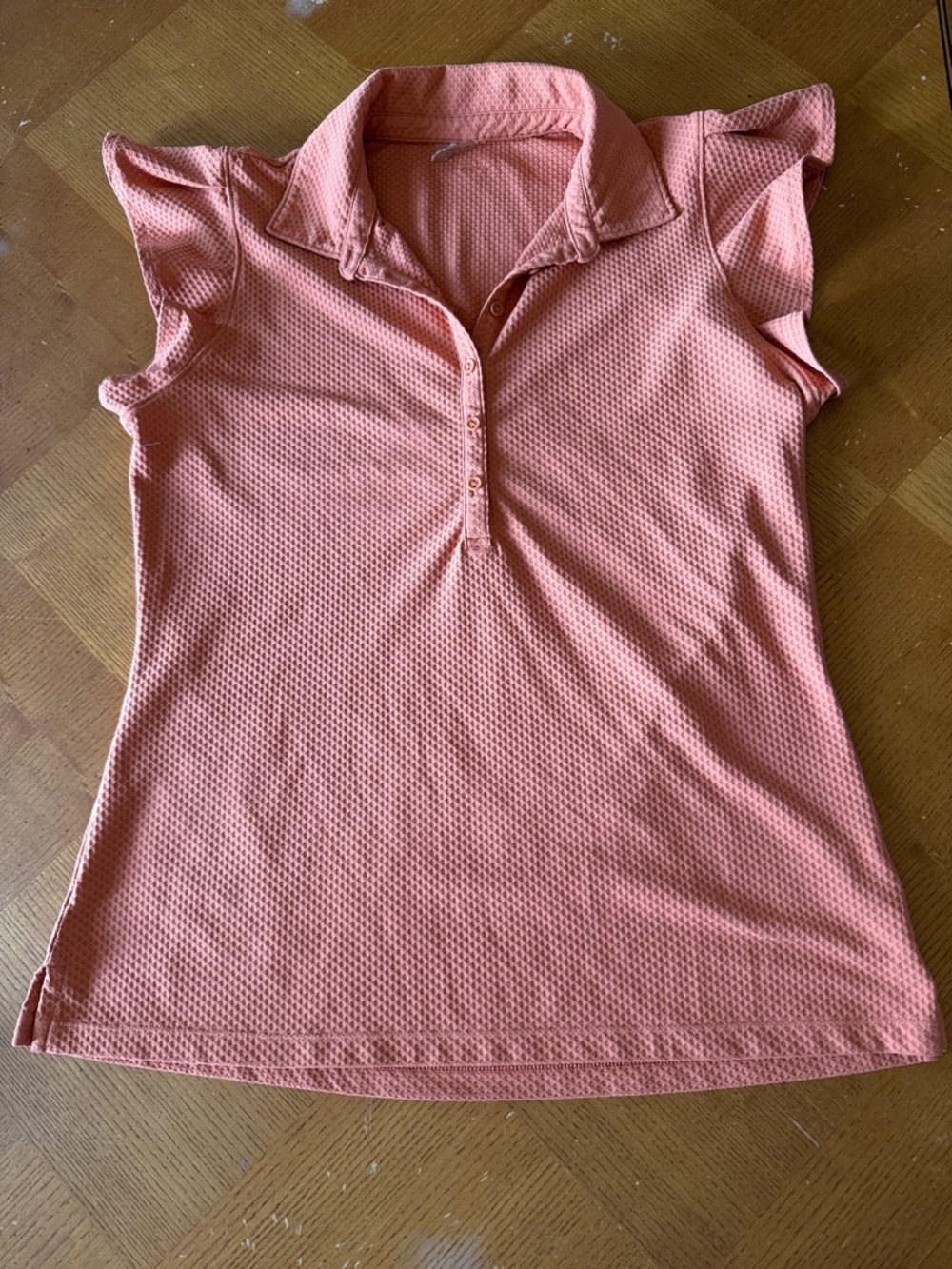 Calia Orange Textured Button-Front Polo Top Golf shirt with Flutter Sleeves